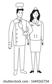 Professionals workers chef with spoon and stewardess smiling cartoons ,vector illustration graphic design.