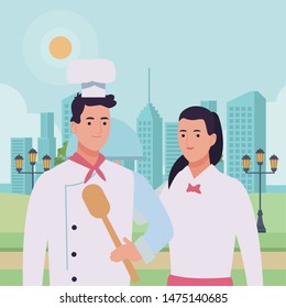 Professionals workers chef and waiter with dish smiling cartoons in the city urban scenery ,vector illustration graphic design.
