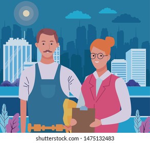 Professionals workers construction and secretary smiling cartoons in the city urban scenery at night ,vector illustration graphic design.