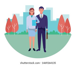 Professionals workers doctor and businessman with briefcase cartoons in the city urban background with cityscape ,vector illustration graphic design.