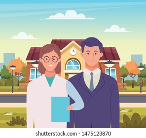 Professionals workers doctor and businessman with briefcase cartoons outside from school building ,vector illustration graphic design.