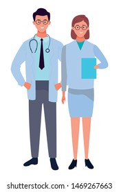 Professionals workers doctors couple smiling cartoons ,vector illustration graphic design.