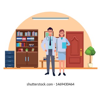 Professionals workers doctors couple smiling cartoons in the office with drawers and cabinets ,vector illustration graphic design.