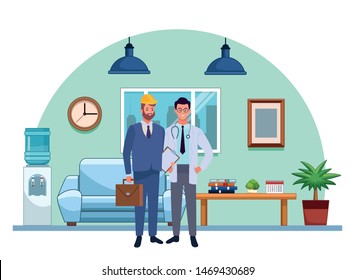 Professionals workers engineer with briefcase and doctor smiling cartoons inside house living room background ,vector illustration graphic design.
