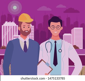 Professionals workers engineer with briefcase and doctor smiling cartoons at night ,vector illustration graphic design.