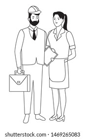 Professionals workers engineer with briefcase and maid smiling cartoons ,vector illustration graphic design.