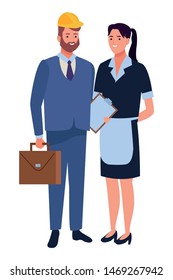 Professionals workers engineer with briefcase and maid smiling cartoons ,vector illustration graphic design.