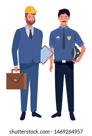 Professionals workers engineer with briefcase and police officer smiling cartoons ,vector illustration graphic design.