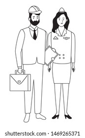 Professionals workers engineer with briefcase and stewardess smiling cartoons ,vector illustration graphic design.
