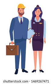 Professionals workers engineer with briefcase and stewardess smiling cartoons ,vector illustration graphic design.