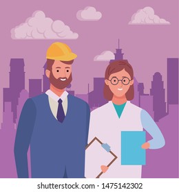 Professionals workers engineer and doctor with clipboard and briefcase smiling cartoons in the city urban scenery ,vector illustration graphic design.