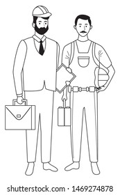 Professionals workers engineer and pumbler with briefcase with toolbox smiling cartoons ,vector illustration graphic design.