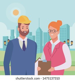Professionals workers engineer and secretary with briefcase smiling cartoons in the city urban scenery ,vector illustration graphic design.