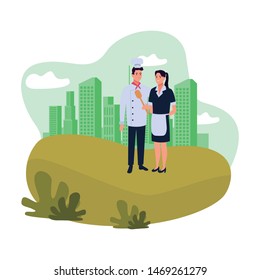 Professionals workers maid and chef with spoon smiling cartoons in the city urban background with cityscape ,vector illustration graphic design.
