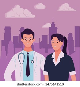 Professionals workers maid and doctor with stethoscope smiling cartoons in the city urban scenery ,vector illustration graphic design.