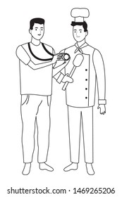 Professionals workers photographer with camera and chef with spoon smiling cartoons ,vector illustration graphic design.