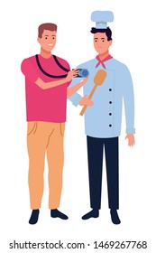 Professionals workers photographer with camera and chef with spoon smiling cartoons ,vector illustration graphic design.