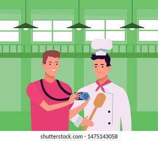 Professionals workers photographer with camera and chef with spoon smiling cartoons ,vector illustration graphic design.