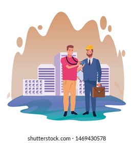 Professionals workers photographer with camera and engineer smiling cartoons in the city urban background with cityscape ,vector illustration graphic design.