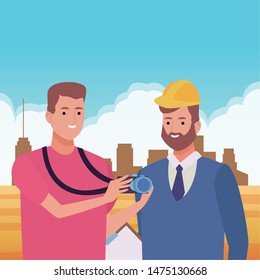 Professionals workers photographer with camera and engineer smiling cartoons in the city urban scenery ,vector illustration graphic design.