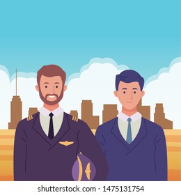 Professionals workers pilot and businessman with briefcase smiling cartoons in the city urban scenery ,vector illustration graphic design.