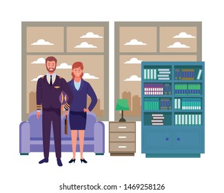 Professionals workers pilot and businesswoman smiling cartoons inside house living room background ,vector illustration graphic design.