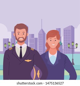 Professionals workers pilot and businesswoman smiling cartoons in the city urban scenery ,vector illustration graphic design.