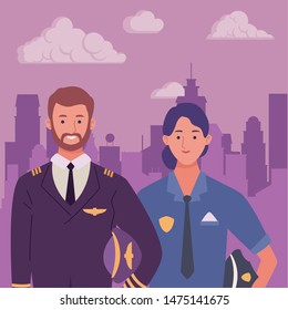 Professionals workers pilot and police officer smiling cartoons in the city urban scenery ,vector illustration graphic design.