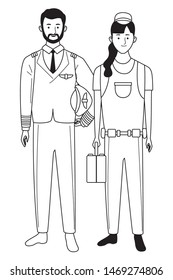 Professionals workers pilot and pumbler with toolbox smiling cartoons ,vector illustration graphic design.