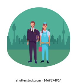 Professionals workers pilot and pumbler with toolbox smiling cartoons in the city urban background with cityscape ,vector illustration graphic design.