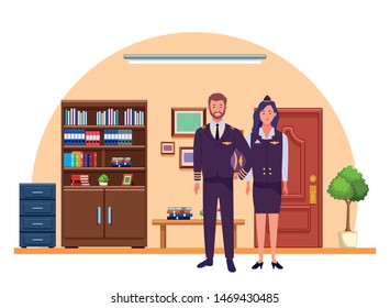 Professionals workers pilot and stewardess smiling cartoons in the office with drawers and cabinets ,vector illustration graphic design.