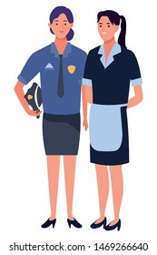 Professionals workers with police officer and maid smiling cartoons ,vector illustration graphic design.