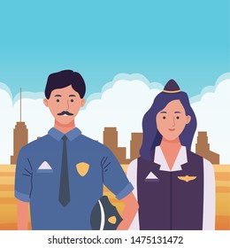 Professionals workers police officer and stewardess smiling cartoons in the city urban scenery ,vector illustration graphic design.
