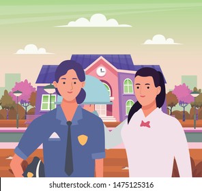 Professionals workers police officer and waiter with dish smiling cartoons outside from school building ,vector illustration graphic design.