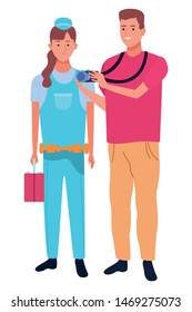 Professionals workers pumbler and photograher with camera and toolbox smiling cartoons ,vector illustration graphic design.