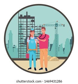 Professionals workers pumbler and photograher with camera and toolbox smiling cartoons in construction zone round icon ,vector illustration graphic design.