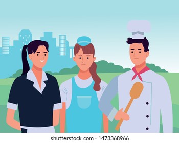 Professionals workers smiling cartoons in the city, urban scenery background ,vector illustration graphic design.