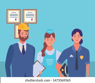 Professionals workers smiling inside office with diplomas on wall ,vector illustration graphic design.