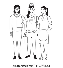 Professionals workers smiling with work tools cartoons ,vector illustration graphic design.