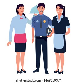 Professionals workers smiling with work tools cartoons ,vector illustration.