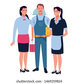 Professionals workers smiling with work tools cartoons ,vector illustration.