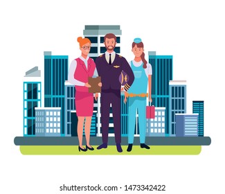 Professionals workers smiling with work tools cartoons in the city, urban scenery background ,vector illustration graphic design.