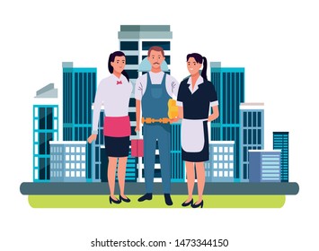 Professionals workers smiling with work tools cartoons in the city, urban scenery background ,vector illustration graphic design.