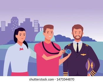 Professionals workers smiling with work tools cartoons in the city, urban scenery background ,vector illustration graphic design.