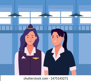 Professionals workers stewardess and maid smiling cartoons inside office building ,vector illustration graphic design.