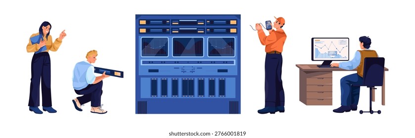 IT professionals working in data center. Vector isolated people working with equipment, inspecting and managing large servers. Hightech environment for digital information storage and cloud computing