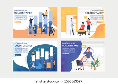 Professionals working on diagrams set. Patients consulting doctor, employees talking on cells. Flat vector illustrations. Business, communication concept for banner, website design or landing web page