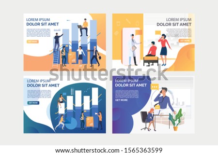Professionals working on diagrams set. Patients consulting doctor, employees talking on cells. Flat vector illustrations. Business, communication concept for banner, website design or landing web page
