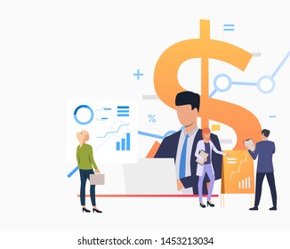 Professionals working on financial reports. Presentation, analysts, graph, diagram. Financial audit concept. Vector illustration can be used for topics like finance, analysis, marketing budget