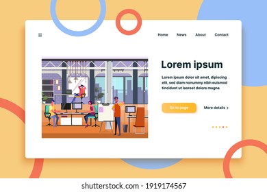 Professionals working on projects in modern office. Creative open space, loft, co-working, team flat vector illustration. Business interior concept for banner, website design or landing web page